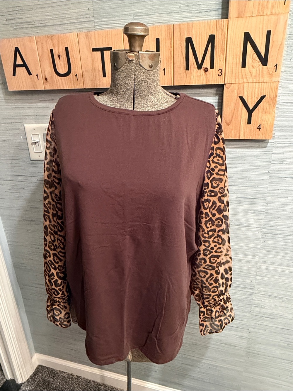 Belle by Kim Gravel Brown Pullover with Leopard-Print Sleeves